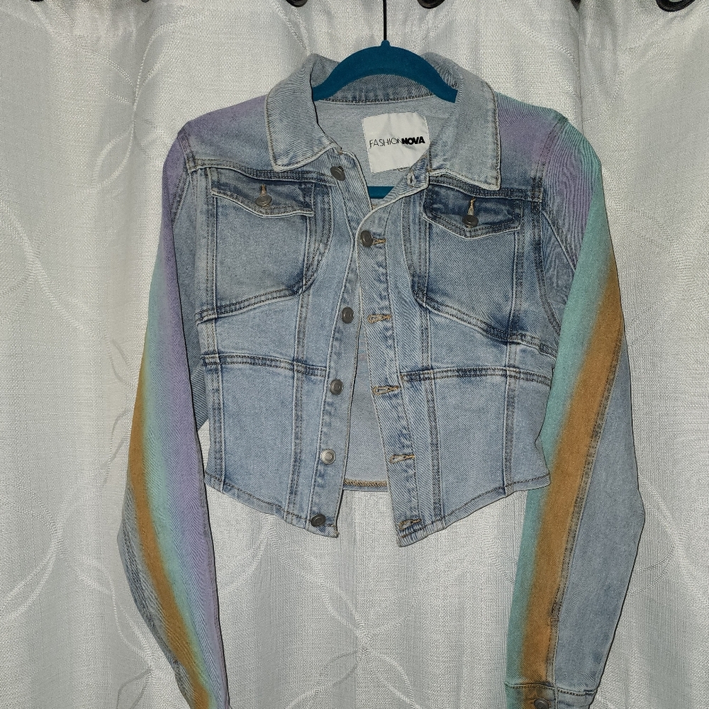 Fashion Nova Blue Jean Jacket with Distressed Details